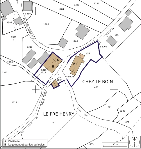 Plan-masse et de situation. Extrait du plan cadastral numérisé, 2008, section A, 1:2500 agrandi à 1:1000. Source : Direction générale des Finances Publiques - Cadastre ; mise à jour : 2008. © André Céréza / Région Bourgogne-Franche-Comté, Inventaire du patrimoine - 2008