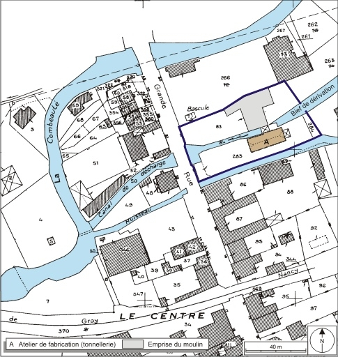 Plan-masse et de situation. Extrait du plan cadastral numérisé, 2008, section AE, 1:1000 réduit à 1:1250. Source : Direction générale des Finances Publiques - Cadastre ; mise à jour : 2008. © André Céréza / Région Bourgogne-Franche-Comté, Inventaire du patrimoine - 2008