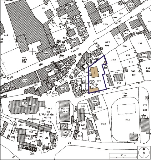Plan-masse et de situation. Extrait du plan cadastral numérisé, 2008, section AE, 1:1000 réduit à 1:1250. Source : Direction générale des Finances Publiques - Cadastre ; mise à jour : 2008. © André Céréza / Région Bourgogne-Franche-Comté, Inventaire du patrimoine - 2008