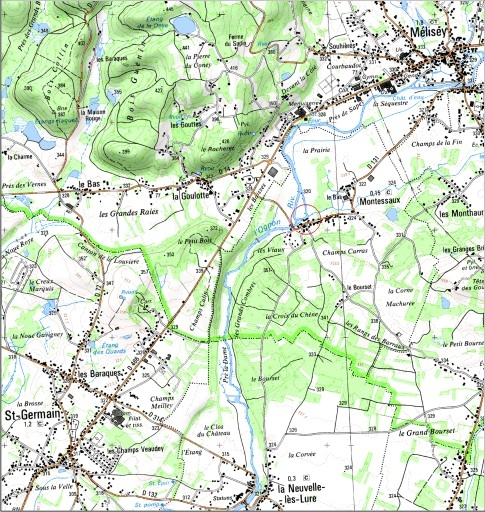 Carte de localisation. Carte topographique au 1:25000, I.G.N., Mélisey, 3520 O. SCAN 25 © IGN - 2008, Licence n°2008CISE29-68. © André Céréza / Région Bourgogne-Franche-Comté, Inventaire du patrimoine - 2008