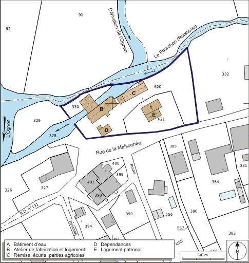 Plan-masse et de situation. Extrait du plan cadastral numérisé, 2008, section A, 1:1000. Source : Direction générale des Finances Publiques - Cadastre ; mise à jour : 2008. © André Céréza / Région Bourgogne-Franche-Comté, Inventaire du patrimoine - 2008
