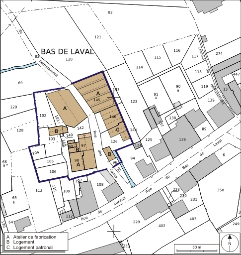Plan-masse et de situation. Extrait du plan cadastral numérisé, 2008, section B, 1:1000. Source : Direction générale des Finances Publiques - Cadastre ; mise à jour : 2008. © André Céréza / Région Bourgogne-Franche-Comté, Inventaire du patrimoine - 2008