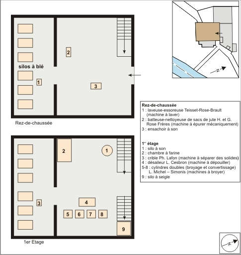 Plan de localisation du matériel de meunerie. Rez-de-chaussée et premier étage. © André Céréza / Région Bourgogne-Franche-Comté, Inventaire du patrimoine - 2008