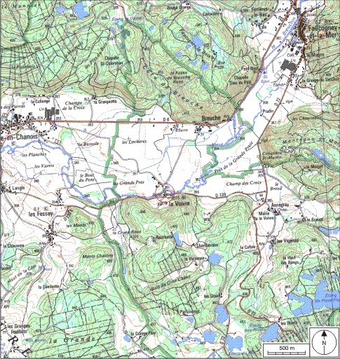 Carte de localisation. Carte topographique au 1:25000, I.G.N., Mélisey, 3520 O. SCAN 25 © IGN - 2008, Licence n°2008CISE29-68. © André Céréza / Région Bourgogne-Franche-Comté, Inventaire du patrimoine - 2008