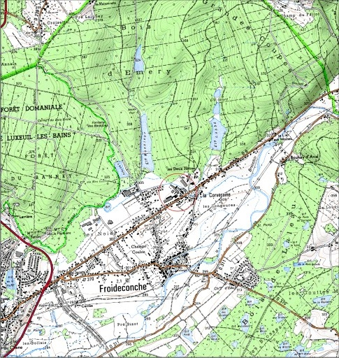 Carte de localisation. Carte topographique au 1:25000, I.G.N., Luxeuil-les-Bains, 3420 E. SCAN 25 © IGN - 2008, Licence n°2008CISE29-68. © André Céréza / Région Bourgogne-Franche-Comté, Inventaire du patrimoine - 2008