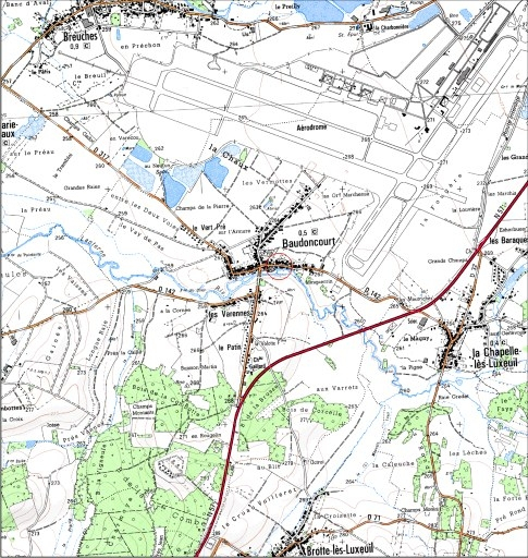Carte de localisation. Carte topographique au 1:25000, I.G.N., Luxeuil-les-Bains, 3420 E. SCAN 25 © IGN - 2008, Licence n°2008CISE29-68. © André Céréza / Région Bourgogne-Franche-Comté, Inventaire du patrimoine - 2008