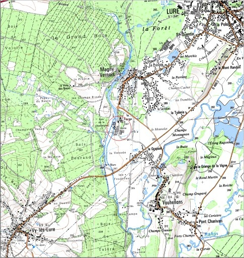 Carte de localisation. Carte topographique au 1:25000, I.G.N., Villersexel, 3421 E. SCAN 25 © IGN - 2008, Licence n°2008CISE29-68. © André Céréza / Région Bourgogne-Franche-Comté, Inventaire du patrimoine - 2008