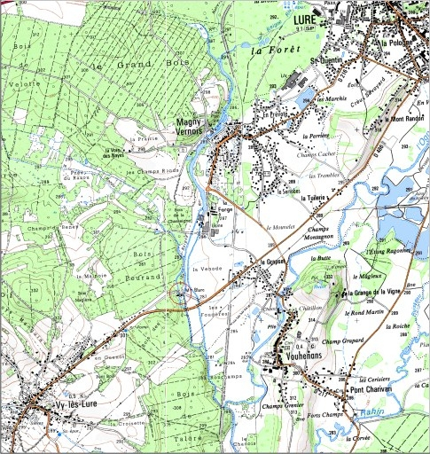 Carte de localisation. Carte topographique au 1:25000, I.G.N., Villersexel, 3421 E. SCAN 25 © IGN - 2008, Licence n°2008CISE29-68. © André Céréza / Région Bourgogne-Franche-Comté, Inventaire du patrimoine - 2008
