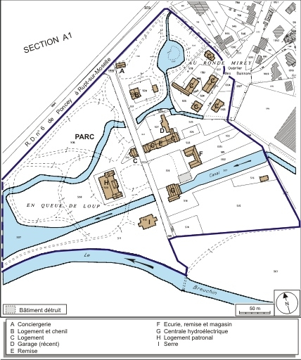 Plan-masse et de situation. Extrait du plan cadastral numérisé, 2008, section A, 1:1250 réduit à 1:2300. Source : Direction générale des Finances Publiques - Cadastre ; mise à jour : 2008. © André Céréza / Région Bourgogne-Franche-Comté, Inventaire du patrimoine - 2008
