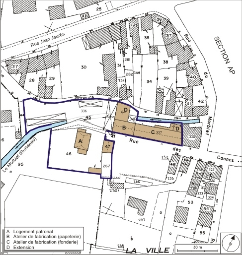 Plan-masse et de situation. Extrait du plan cadastral numérisé, 2008, section AX, 1:1000. Source : Direction générale des Finances Publiques - Cadastre ; mise à jour : 2008. © André Céréza / Région Bourgogne-Franche-Comté, Inventaire du patrimoine - 2008