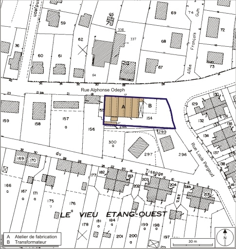 Plan-masse et de situation. Extrait du plan cadastral numérisé, 2008, section AW, 1:1000. Source : Direction générale des Finances Publiques - Cadastre ; mise à jour : 2008. © André Céréza / Région Bourgogne-Franche-Comté, Inventaire du patrimoine - 2008