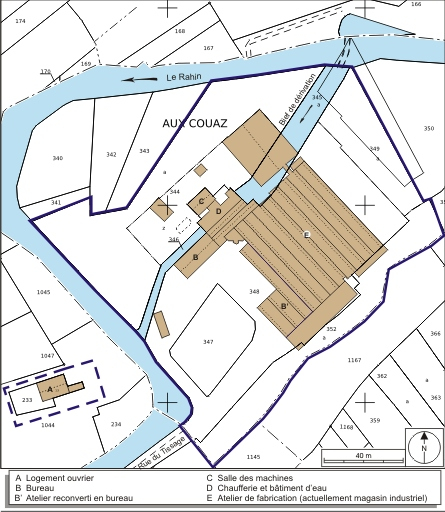 Plan-masse et de situation. Extrait du plan cadastral numérisé, 2008, section A, 1:1000 réduit à 1:1250. Source : Direction générale des Finances Publiques - Cadastre ; mise à jour : 2008. © André Céréza / Région Bourgogne-Franche-Comté, Inventaire du patrimoine - 2008