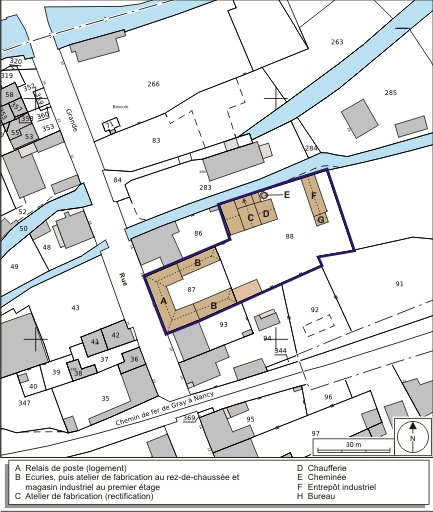 Plan-masse et de situation. Extrait du plan cadastral numérisé, 2008, section AE, 1:1000. Source : Direction générale des Finances Publiques - Cadastre ; mise à jour : 2008. © André Céréza / Région Bourgogne-Franche-Comté, Inventaire du patrimoine - 2008