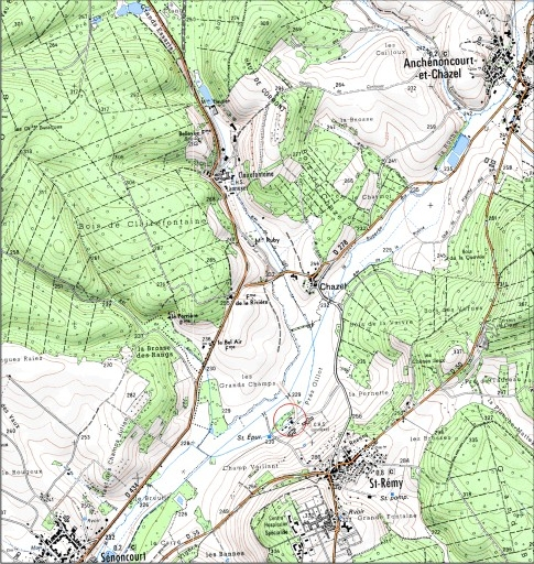 Carte de localisation. Carte topographique au 1:25000, I.G.N., Faverney, 3320 E. SCAN 25 © IGN - 2008, Licence n°2008CISE29-68. © André Céréza / Région Bourgogne-Franche-Comté, Inventaire du patrimoine - 2008