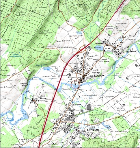 Carte de localisation. Carte topographique au 1:50 000, I.G.N., Besançon, 3323 E. SCAN 25 © IGN - 2008, Licence n°2008CISE29-68. © André Céréza / Région Bourgogne-Franche-Comté, Inventaire du patrimoine - 2008