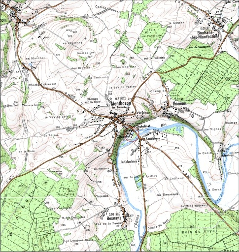 Carte de localisation. Carte topographique au 1:25000, I.G.N., Montbozon, 3422 O. SCAN 25 © IGN - 2008, Licence n°2008CISE29-68. © André Céréza / Région Bourgogne-Franche-Comté, Inventaire du patrimoine - 2008