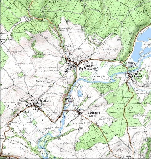 Carte de localisation. Carte topographique au 1:25000, I.G.N., Rougemont, 3422 E. SCAN 25 © IGN - 2008, Licence n°2008CISE29-68. © André Céréza / Région Bourgogne-Franche-Comté, Inventaire du patrimoine - 2008