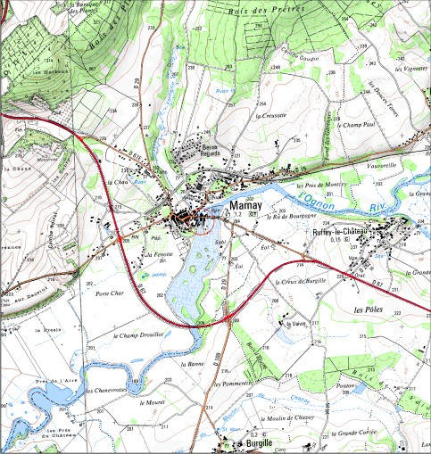 Carte de localisation. Carte topographique au 1:25000, I.G.N., Marnay, 3323 O. SCAN 25 © IGN - 2008, Licence n°2008CISE29-68. © André Céréza / Région Bourgogne-Franche-Comté, Inventaire du patrimoine - 2008