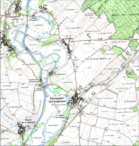 Carte de localisation. Carte topographique au 1:25000, I.G.N., Mirebeau, 3122 E. SCAN 25 © IGN - 2008, Licence n°2008CISE29-68. © André Céréza / Région Bourgogne-Franche-Comté, Inventaire du patrimoine - 2008