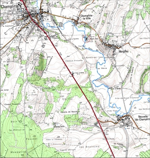 Carte de localisation. Carte topographique au 1:25000, I.G.N., Champlitte, 3221 O. SCAN 25 © IGN - 2008, Licence n°2008CISE29-68. © André Céréza / Région Bourgogne-Franche-Comté, Inventaire du patrimoine - 2008