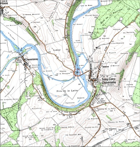 Carte de localisation. Carte topographique au 1:25000, I.G.N., Fresne-Saint-Mamès, 3321 O. SCAN 25 © IGN - 2008, Licence n°2008CISE29-68. © André Céréza / Région Bourgogne-Franche-Comté, Inventaire du patrimoine - 2008