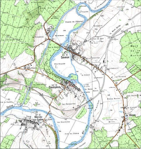 Carte de localisation. Carte topographique au 1:25000, I.G.N., Dampierre-sur-Salon, 3221 E. SCAN 25 © IGN - 2008, Licence n°2008CISE29-68. © André Céréza / Région Bourgogne-Franche-Comté, Inventaire du patrimoine - 2008