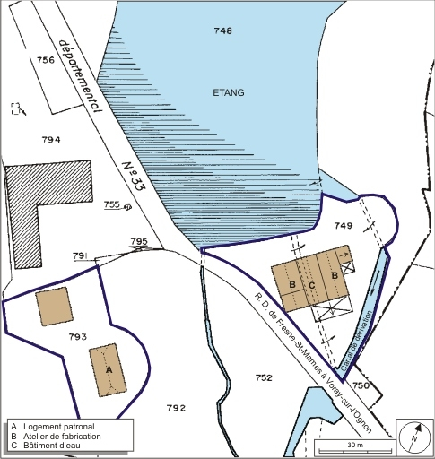 Plan-masse et de situation. Extrait du plan cadastral numérisé, 2008, section B, 1:1250 agrandi à 1:1000. Source : Direction générale des Finances Publiques - Cadastre ; mise à jour : 2008. © André Céréza / Région Bourgogne-Franche-Comté, Inventaire du patrimoine - 2008 Plan-masse et de situation. Extrait du plan cadastral numérisé, 2008, section B, 1:1250 agrandi à 1:1000. Source : Direction générale des Finances Publiques - Cadastre ; mise à jour : 2008. © André Céréza / Région Bourgogne-Franche-Comté, Inventaire du patrimoine - 2008