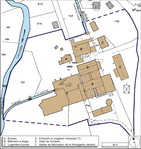 Plan-masse et de situation. Extrait de plan cadastral numérisé, 2008, section A, 1:1250 Source : Direction générale des Finances Publiques - Cadastre ; mise à jour : 2008. © André Céréza / Région Bourgogne-Franche-Comté, Inventaire du patrimoine - 2008