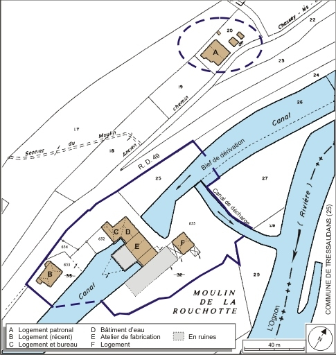 Plan-masse et de situation. Extrait de plan cadastral numérisé, 2008, section B, 1:1000 réduit à 1:1250. Source : Direction générale des Finances Publiques - Cadastre ; mise à jour : 2008. © André Céréza / Région Bourgogne-Franche-Comté, Inventaire du patrimoine - 2008
