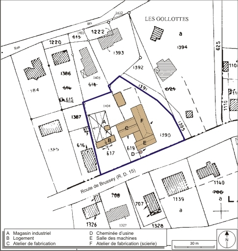 Plan-masse et de situation. Extrait de plan cadastral numérisé, 2008, section B, 1:1250 agrandi à 1:1000. Source : Direction générale des Finances Publiques - Cadastre ; mise à jour : 2008. © André Céréza / Région Bourgogne-Franche-Comté, Inventaire du patrimoine - 2008