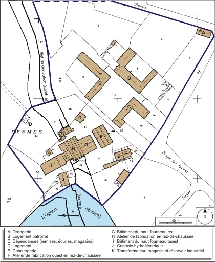 Plan-masse et de situation. Extrait de plan cadastral numérisé, 2008, section AE, 1:1000 réduit à 1:1500. Source : Direction générale des Finances Publiques - Cadastre ; mise à jour : 2008. © André Céréza / Région Bourgogne-Franche-Comté, Inventaire du patrimoine - 2008