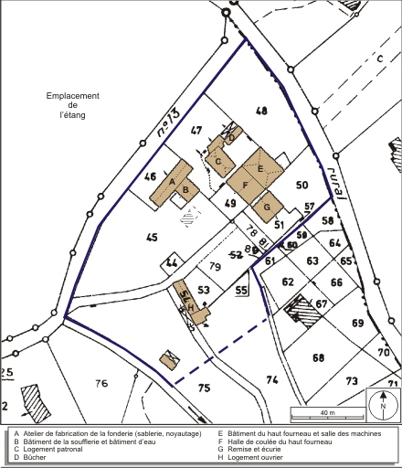 Plan-masse et de situation. Extrait du plan cadastral numérisé, 2008, section ZE, 1:2000 agrandi à 1:1250. Source : Direction générale des Finances Publiques - Cadastre ; mise à jour : 2008. © André Céréza / Région Bourgogne-Franche-Comté, Inventaire du patrimoine - 2008