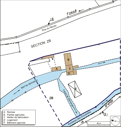 Plan-masse et de situation. Extrait du plan cadastral numérisé, 2008, section ZP, 1:2000 agrandi à 1:1250. Source : Direction générale des Finances Publiques - Cadastre ; mise à jour : 2008. © André Céréza / Région Bourgogne-Franche-Comté, Inventaire du patrimoine - 2008
