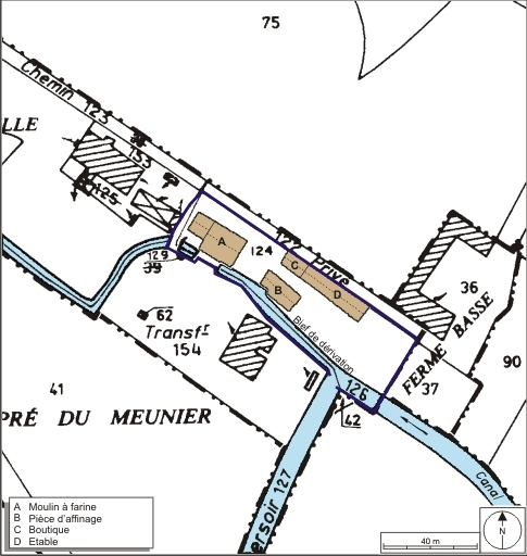 Plan-masse et de situation. Extrait du plan cadastral numérisé, 2008, section E, 1:2500 agrandi à 1:1250. Source : Direction générale des Finances Publiques - Cadastre ; mise à jour : 2008. © André Céréza / Région Bourgogne-Franche-Comté, Inventaire du patrimoine - 2008