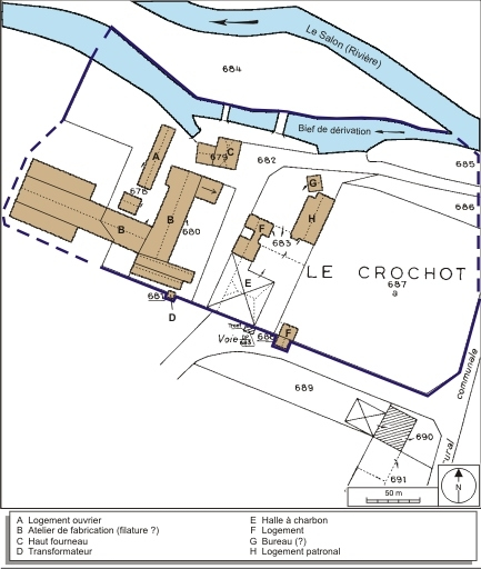 Plan-masse et de situation. Extrait du plan cadastral numérisé, 2008, section D, 1:2500. Source : Direction générale des Finances Publiques - Cadastre ; mise à jour : 2008. © André Céréza / Région Bourgogne-Franche-Comté, Inventaire du patrimoine - 2008