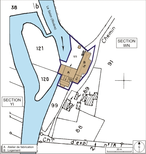 Plan-masse et de situation. Extrait du plan cadastral numérisé, 2008, section YI, 1:2000 agrandi à 1:1000. Source : Direction générale des Finances Publiques - Cadastre ; mise à jour : 2008. © André Céréza / Région Bourgogne-Franche-Comté, Inventaire du patrimoine - 2008