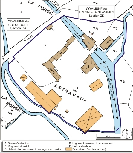 Plan-masse et de situation. Montage d'extraits de plans cadastraux numérisés, Greucourt, 2008, section A, 1:1250 et Fresne-Saint-Mamès, 2008, section ZK, 1:2000, le tout agrandi à 1:1250. Source : Direction générale des Finances Publiques - Cadastre… © André Céréza / Région Bourgogne-Franche-Comté, Inventaire du patrimoine - 2008