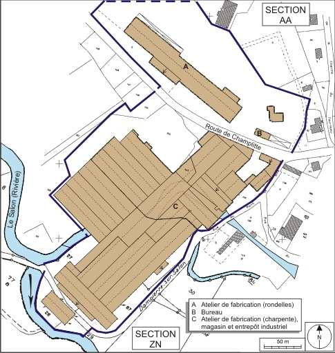 Plan-masse et de situation. Montage d'extraits de plans cadastraux numérisés, 2008, sections AA et ZN, 1:1000 et 1:2000, le tout réduit à 1:2500. Source : Direction générale des Finances Publiques - Cadastre ; mise à jour : 2008. © André Céréza / Région Bourgogne-Franche-Comté, Inventaire du patrimoine - 2008