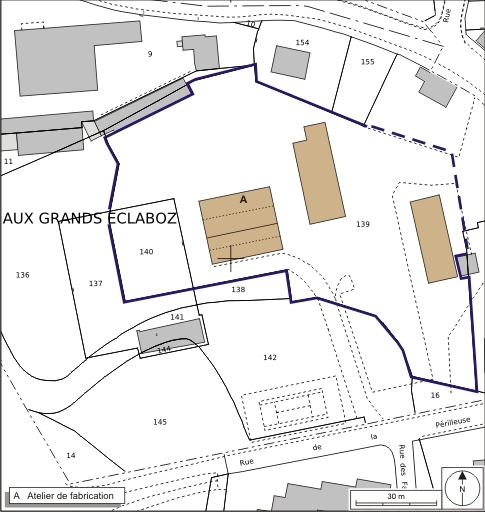 Plan-masse et de situation. Extrait du plan cadastral numérisé, 2008, section BT, 1:1000. Source : Direction générale des Finances Publiques - Cadastre ; mise à jour : 2008. © André Céréza / Région Bourgogne-Franche-Comté, Inventaire du patrimoine - 2008