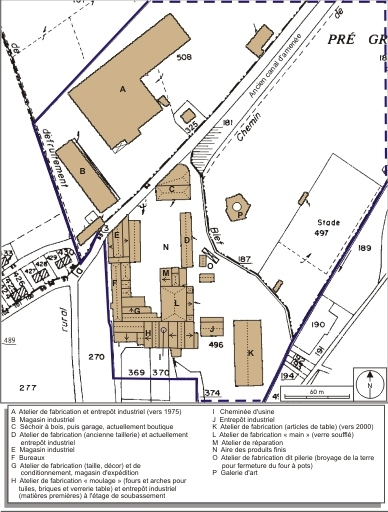 Plan-masse de l'usine. Extrait du plan cadastral numérisé, 2008, section B, 1:2500 agrandi à 1:2000. Source : Direction générale des Finances Publiques - Cadastre ; mise à jour : 2008. © André Céréza / Région Bourgogne-Franche-Comté, Inventaire du patrimoine - 2008