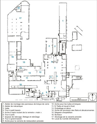 Plan-masse de la verrerie en 1991. D'après un plan conservé dans les archives de l'entreprise, 1991, 1:725. © André Céréza / Région Bourgogne-Franche-Comté, Inventaire du patrimoine - 2008