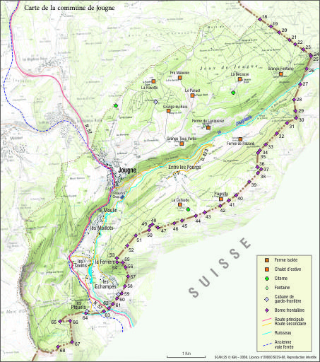 Carte de la commune de Jougne avec les bornes frontalières et les lieux-dits. © André Céréza / Région Bourgogne-Franche-Comté, Inventaire du patrimoine - 2009
