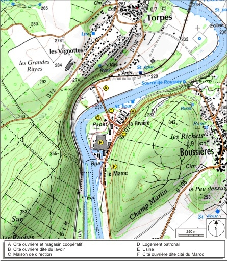 Carte de localisation : usine et bâtiments sociaux. SCAN 25 © IGN 2008, Licence n°2008CISE29-68. © André Céréza / Région Bourgogne-Franche-Comté, Inventaire du patrimoine - 2009