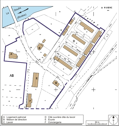Plan-masse des bâtiments sociaux. Extrait du plan cadastral numérisé, section AB, échelle 1/1750. Source : Direction générale des Finances Publiques - Cadastre ; mise à jour : 2009. © André Céréza / Région Bourgogne-Franche-Comté, Inventaire du patrimoine - 2009