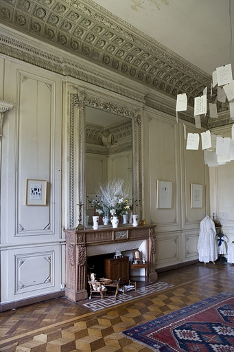 Hôtel en fond de cour, grand salon : vue d'ensemble du mur droit avec la cheminée et sa glace. © Yves Sancey / Région Bourgogne-Franche-Comté, Inventaire du patrimoine - 2009