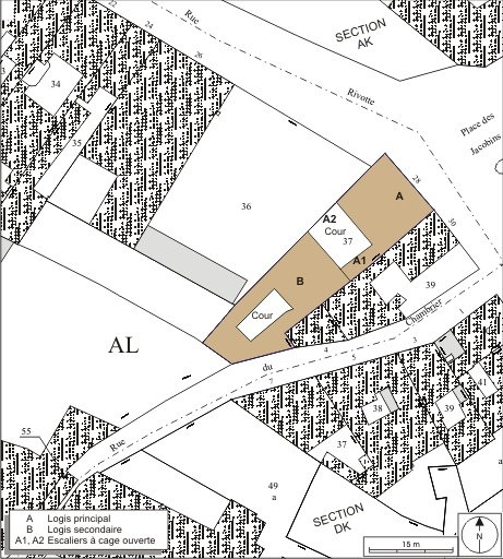 Plan masse et de situation. Extrait du plan cadastral, 1974, section AL. © André Céréza / Région Bourgogne-Franche-Comté, Inventaire du patrimoine - 2009
