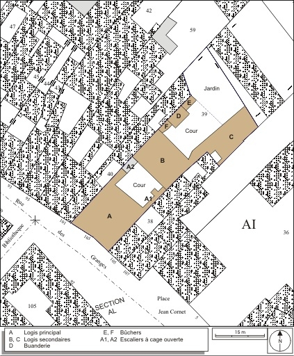 Plan masse et de situation. Extrait du plan cadastral, 1974, section AI. © André Céréza / Région Bourgogne-Franche-Comté, Inventaire du patrimoine - 2009