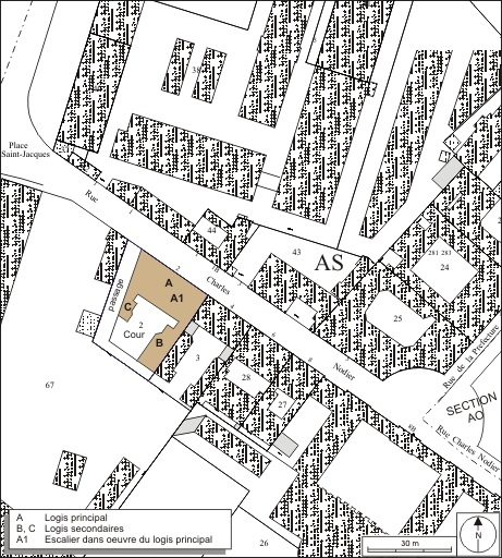 Plan masse et de situation. Extrait du plan cadastral, 1974, section AS2. © André Céréza / Région Bourgogne-Franche-Comté, Inventaire du patrimoine - 2009
