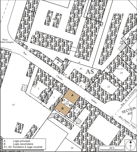 Plan masse et de situation. Extrait du plan cadastral, 1974, section AS2. © André Céréza / Région Bourgogne-Franche-Comté, Inventaire du patrimoine - 2009