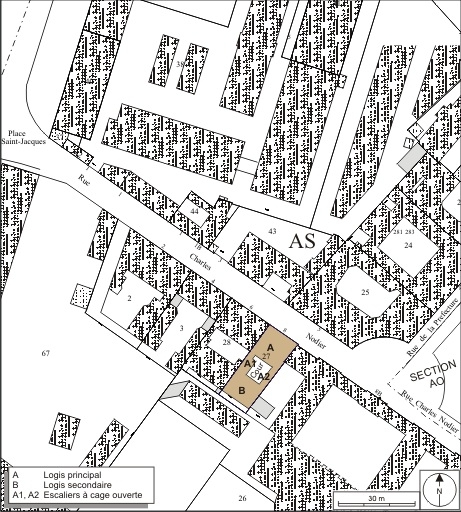 Plan masse et de situation. Extrait du plan cadastral, 1974, section AS2. © André Céréza / Région Bourgogne-Franche-Comté, Inventaire du patrimoine - 2009